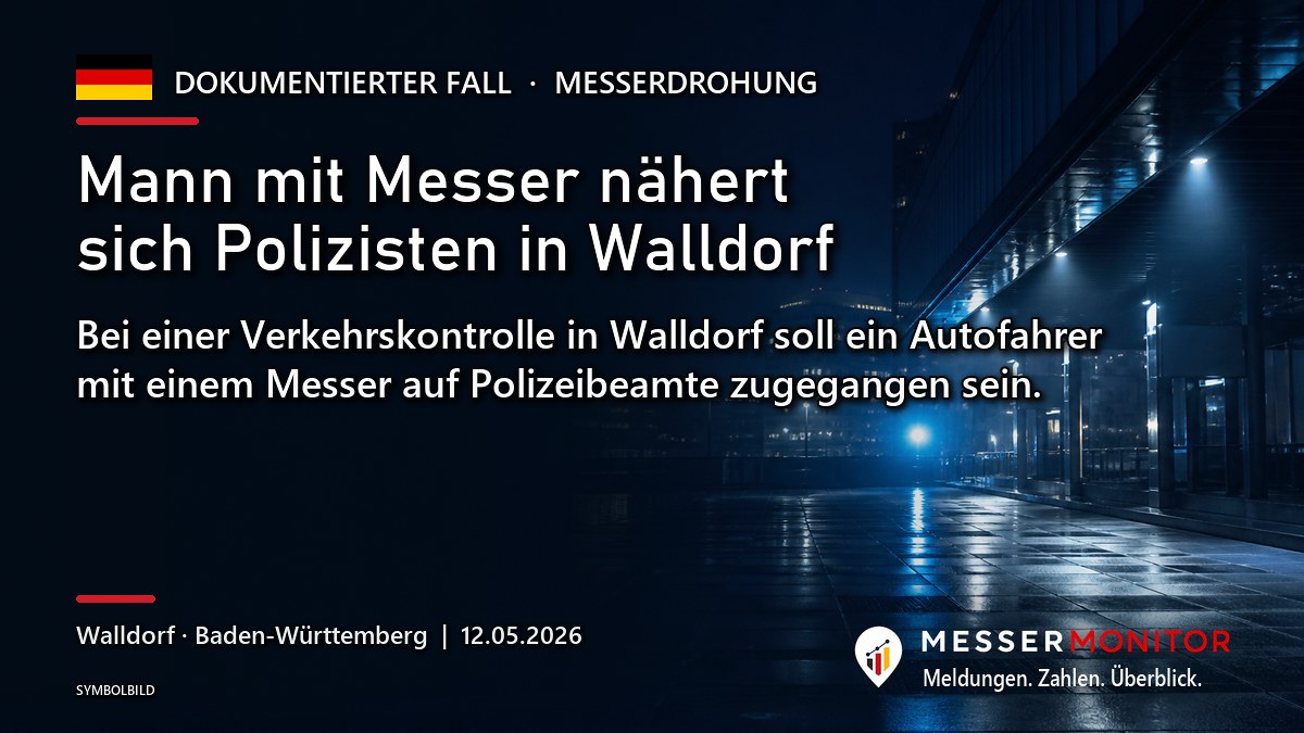 Titelgrafik: Mann mit Messer nähert sich Polizisten in Walldorf. Bei einer Verkehrskontrolle in Walldorf soll ein Autofahrer mit einem Messer auf Polizeibeamte zugegangen sein..