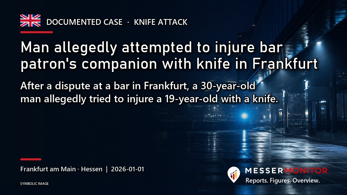 Title image: Man allegedly attempted to injure bar patron's companion with knife in Frankfurt. After a dispute at a bar in Frankfurt, a 30-year-old man allegedly tried to injure a 19-year-old with a knife..
