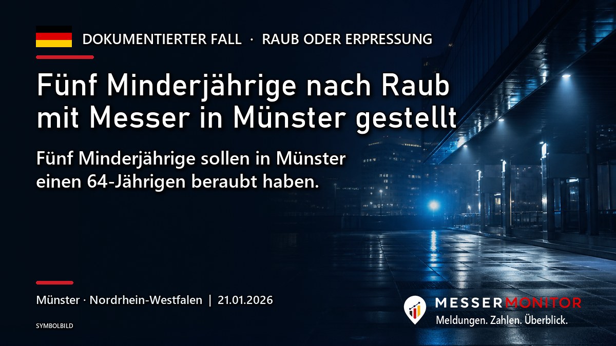Titelgrafik: Fünf Minderjährige nach Raub mit Messer in Münster gestellt. Fünf Minderjährige sollen in Münster einen 64-Jährigen beraubt haben..