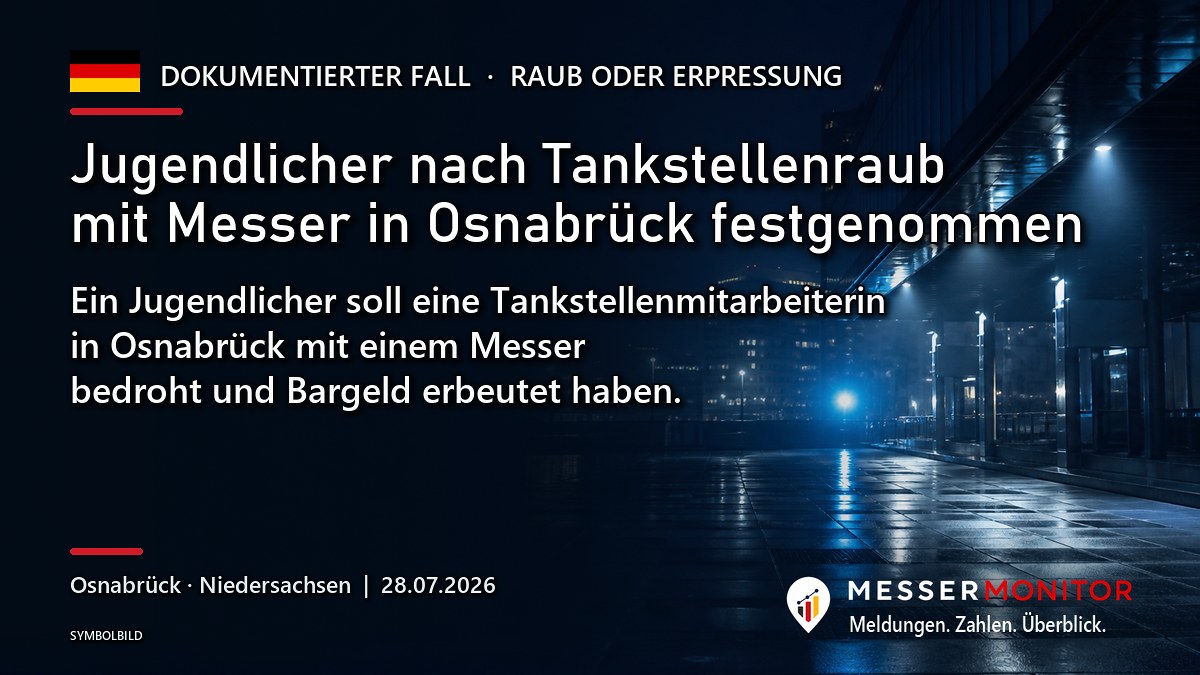 Titelgrafik: Jugendlicher nach Tankstellenraub mit Messer in Osnabrück festgenommen. Ein Jugendlicher soll eine Tankstellenmitarbeiterin in Osnabrück mit einem Messer bedroht und Bargeld erbeutet haben..