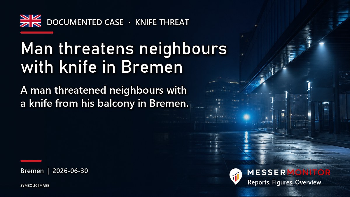 Title image: Man threatens neighbours with knife in Bremen. A man threatened neighbours with a knife from his balcony in Bremen..