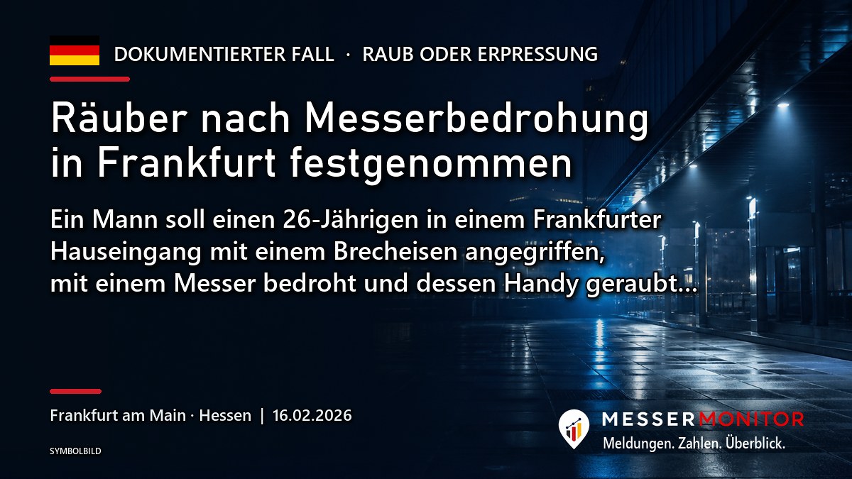 Titelgrafik: Räuber nach Messerbedrohung in Frankfurt festgenommen. Ein Mann soll einen 26-Jährigen in einem Frankfurter Hauseingang mit einem Brecheisen angegriffen, mit einem Messer bedroht und dessen Handy geraubt….