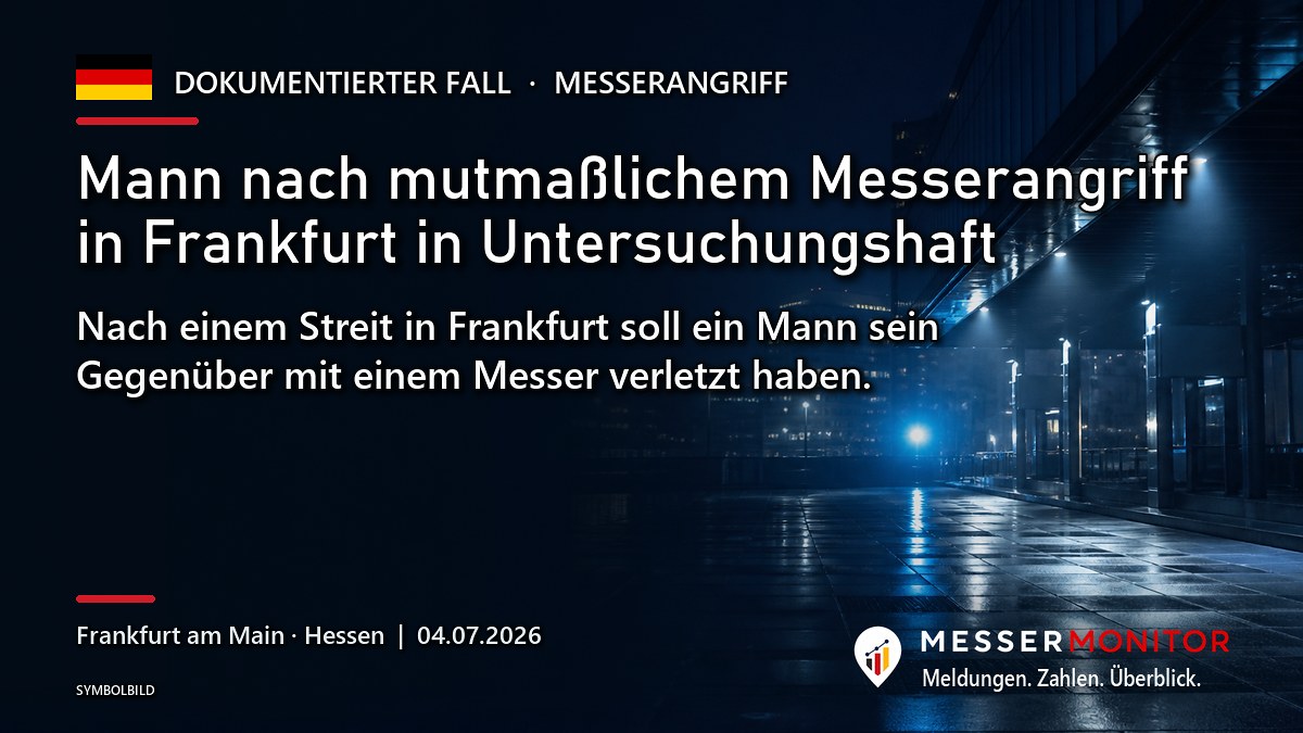 Titelgrafik: Mann nach mutmaßlichem Messerangriff in Frankfurt in Untersuchungshaft. Nach einem Streit in Frankfurt soll ein Mann sein Gegenüber mit einem Messer verletzt haben..