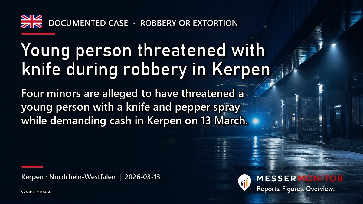 Title image: Young person threatened with knife during robbery in Kerpen. Four minors are alleged to have threatened a young person with a knife and pepper spray while demanding cash in Kerpen on 13 March..