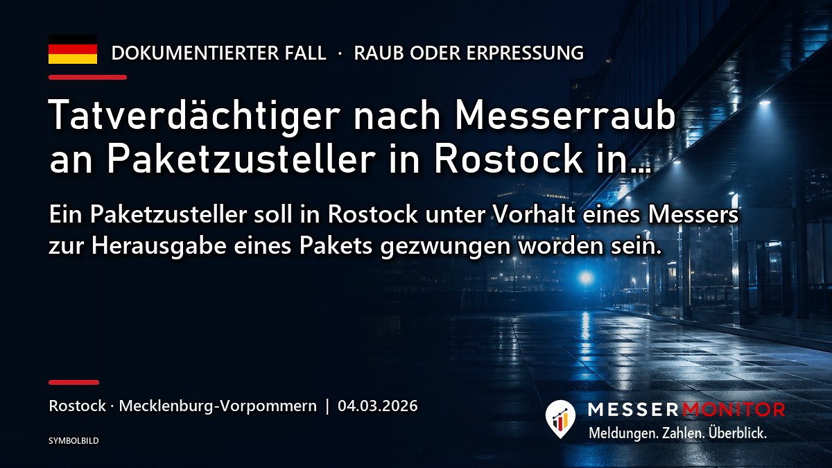 Titelgrafik: Tatverdächtiger nach Messerraub an Paketzusteller in Rostock in…. Ein Paketzusteller soll in Rostock unter Vorhalt eines Messers zur Herausgabe eines Pakets gezwungen worden sein..
