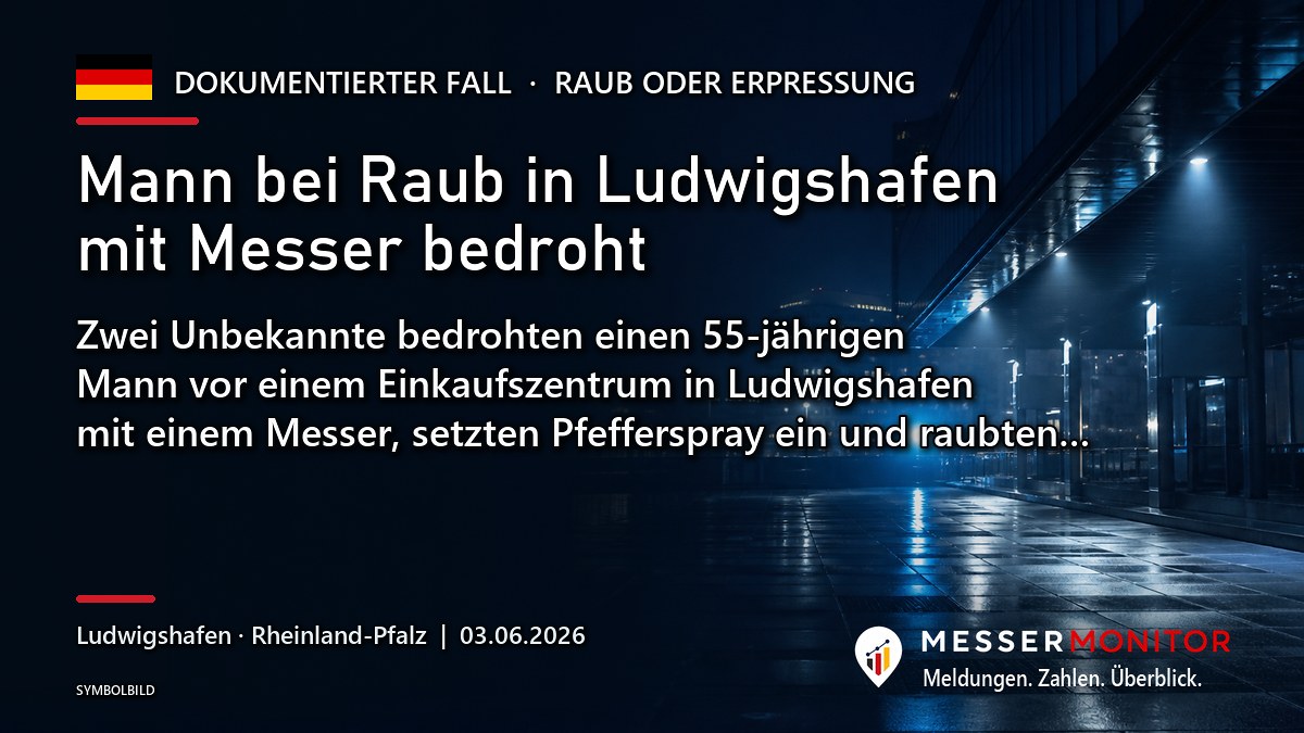Titelgrafik: Mann bei Raub in Ludwigshafen mit Messer bedroht. Zwei Unbekannte bedrohten einen 55-jährigen Mann vor einem Einkaufszentrum in Ludwigshafen mit einem Messer, setzten Pfefferspray ein und raubten….