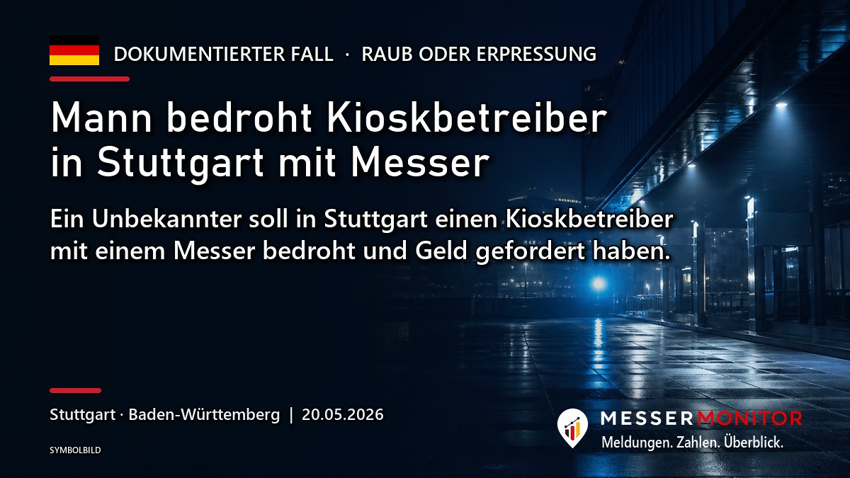 Titelgrafik: Mann bedroht Kioskbetreiber in Stuttgart mit Messer. Ein Unbekannter soll in Stuttgart einen Kioskbetreiber mit einem Messer bedroht und Geld gefordert haben..