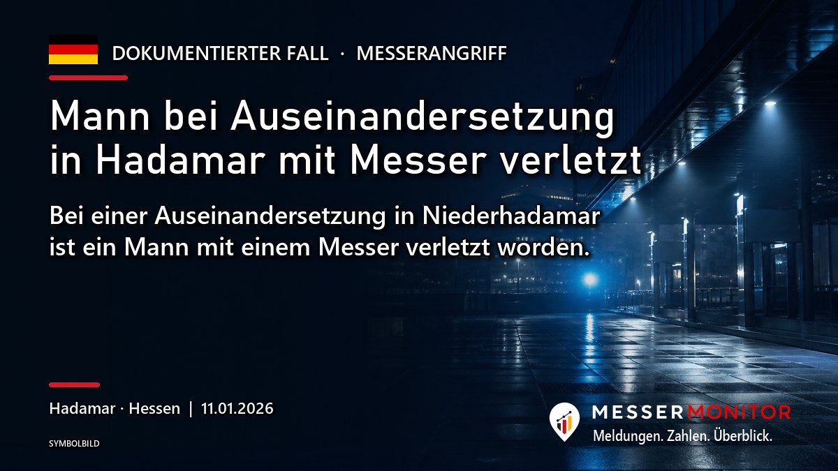 Titelgrafik: Mann bei Auseinandersetzung in Hadamar mit Messer verletzt. Bei einer Auseinandersetzung in Niederhadamar ist ein Mann mit einem Messer verletzt worden..