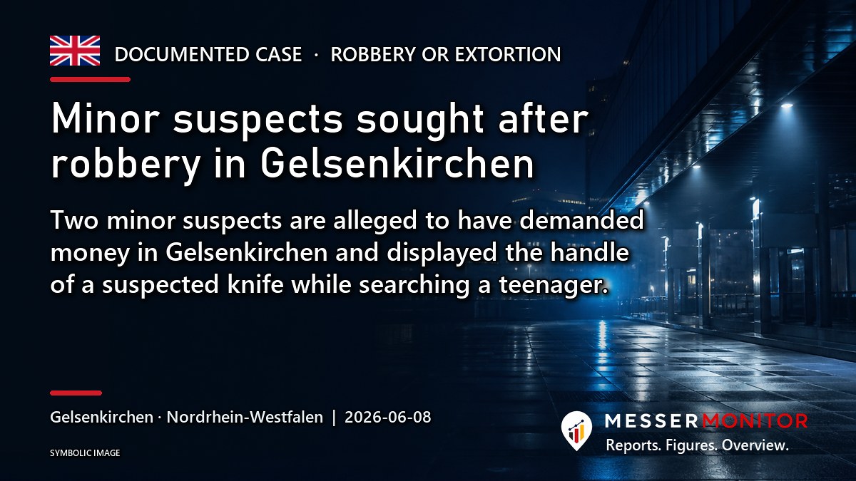 Title image: Minor suspects sought after robbery in Gelsenkirchen. Two minor suspects are alleged to have demanded money in Gelsenkirchen and displayed the handle of a suspected knife while searching a teenager..