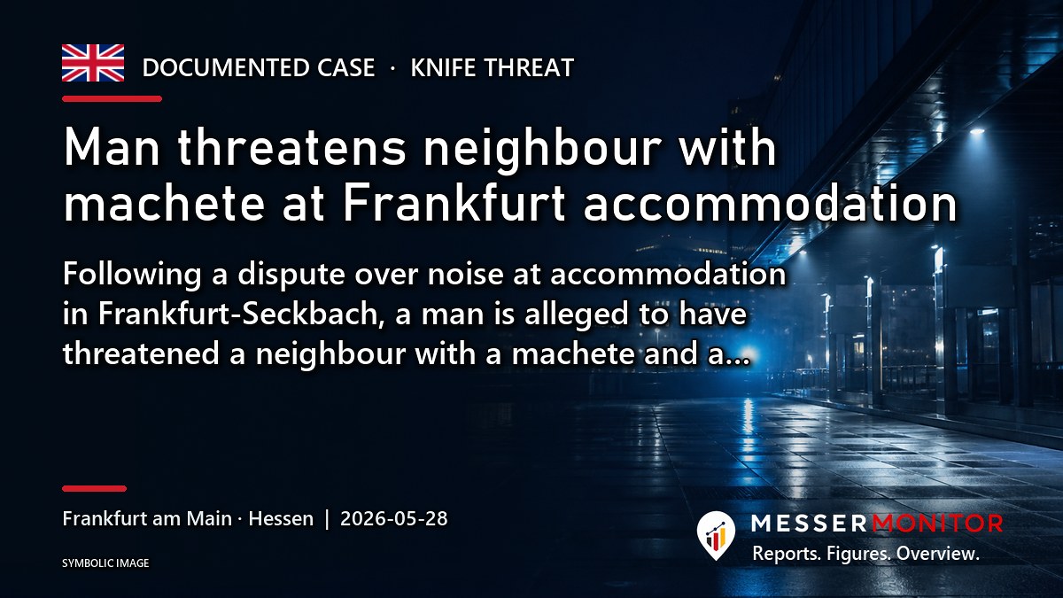Title image: Man threatens neighbour with machete at Frankfurt accommodation. Following a dispute over noise at accommodation in Frankfurt-Seckbach, a man is alleged to have threatened a neighbour with a machete and a….