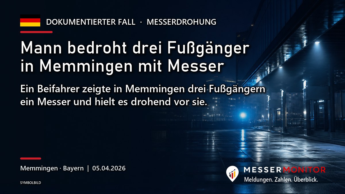 Titelgrafik: Mann bedroht drei Fußgänger in Memmingen mit Messer. Ein Beifahrer zeigte in Memmingen drei Fußgängern ein Messer und hielt es drohend vor sie..