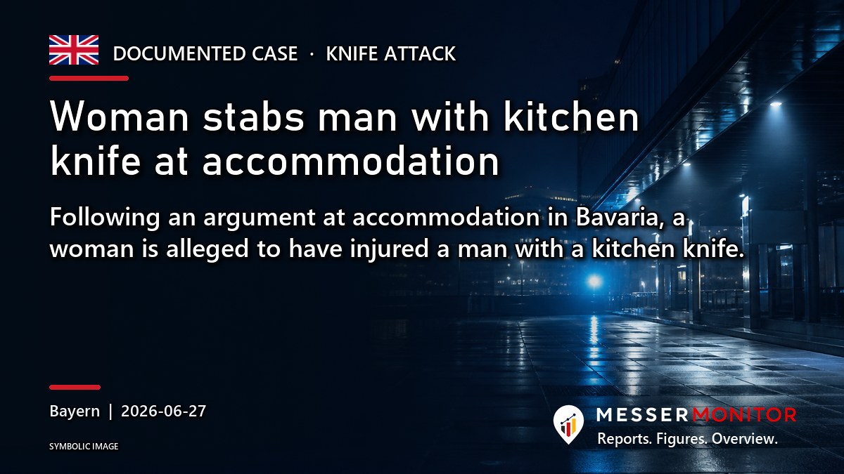 Title image: Woman stabs man with kitchen knife at accommodation. Following an argument at accommodation in Bavaria, a woman is alleged to have injured a man with a kitchen knife..