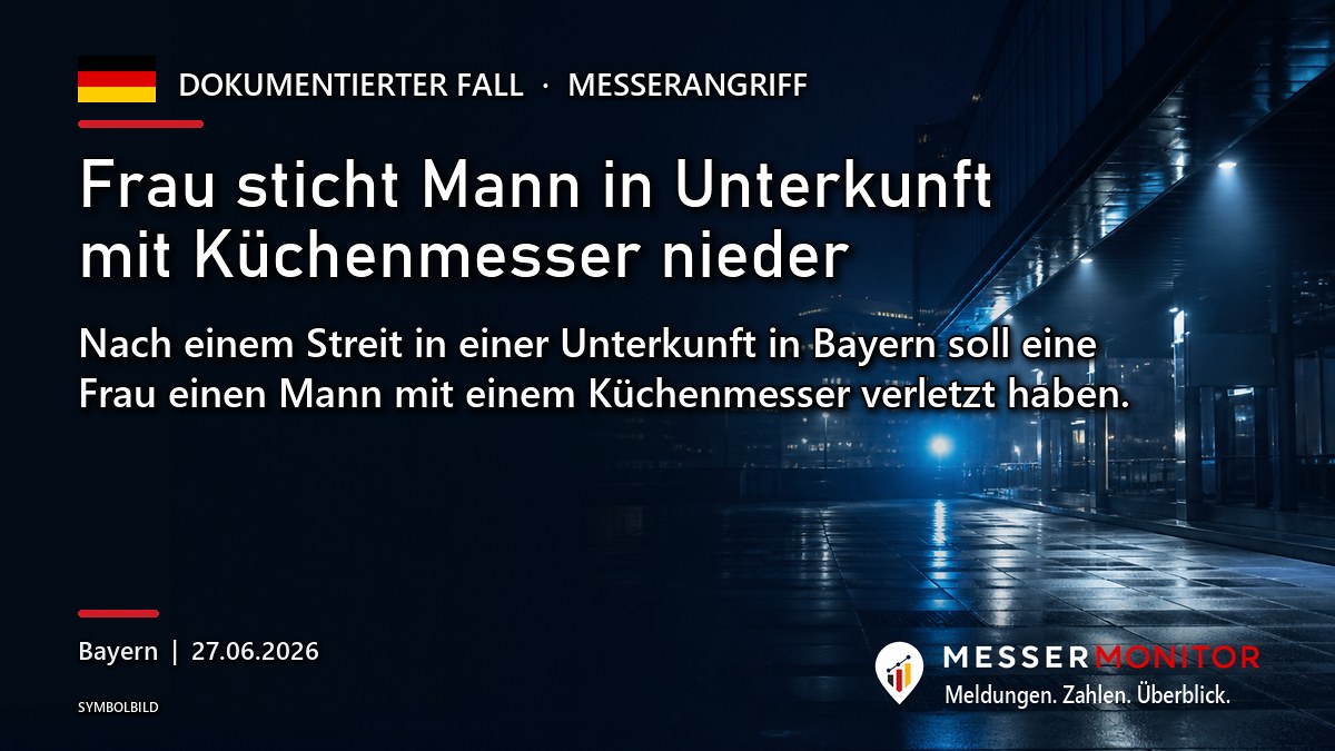 Titelgrafik: Frau sticht Mann in Unterkunft mit Küchenmesser nieder. Nach einem Streit in einer Unterkunft in Bayern soll eine Frau einen Mann mit einem Küchenmesser verletzt haben..