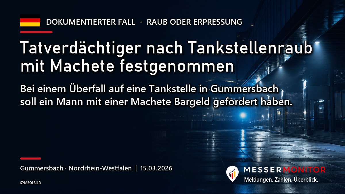 Titelgrafik: Tatverdächtiger nach Tankstellenraub mit Machete festgenommen. Bei einem Überfall auf eine Tankstelle in Gummersbach soll ein Mann mit einer Machete Bargeld gefordert haben..
