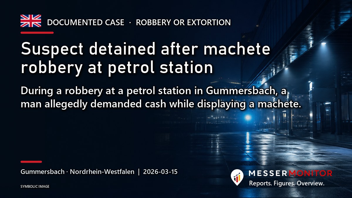 Title image: Suspect detained after machete robbery at petrol station. During a robbery at a petrol station in Gummersbach, a man allegedly demanded cash while displaying a machete..