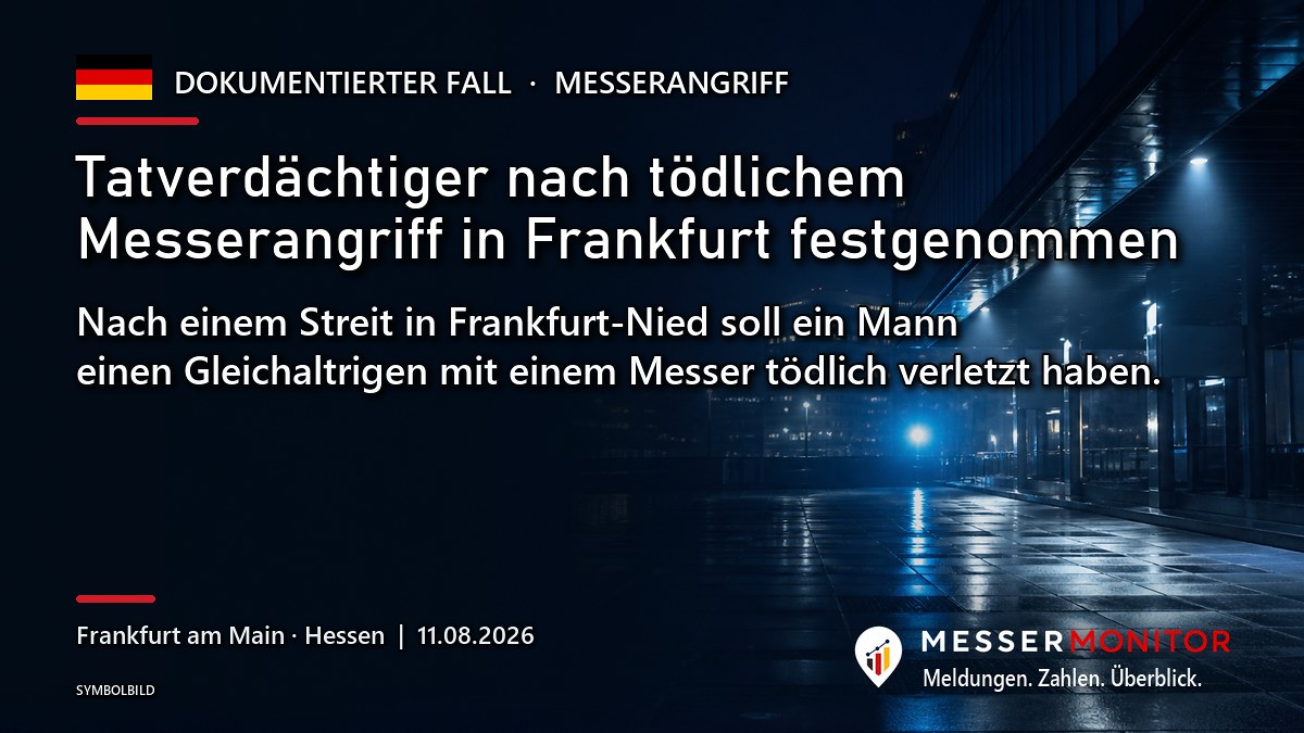 Titelgrafik: Tatverdächtiger nach tödlichem Messerangriff in Frankfurt festgenommen. Nach einem Streit in Frankfurt-Nied soll ein Mann einen Gleichaltrigen mit einem Messer tödlich verletzt haben..