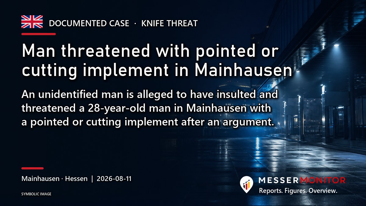Title image: Man threatened with pointed or cutting implement in Mainhausen. An unidentified man is alleged to have insulted and threatened a 28-year-old man in Mainhausen with a pointed or cutting implement after an argument..