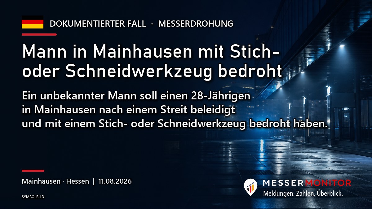 Titelgrafik: Mann in Mainhausen mit Stich- oder Schneidwerkzeug bedroht. Ein unbekannter Mann soll einen 28-Jährigen in Mainhausen nach einem Streit beleidigt und mit einem Stich- oder Schneidwerkzeug bedroht haben..