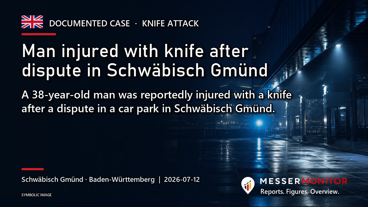 Title image: Man injured with knife after dispute in Schwäbisch Gmünd. A 38-year-old man was reportedly injured with a knife after a dispute in a car park in Schwäbisch Gmünd..