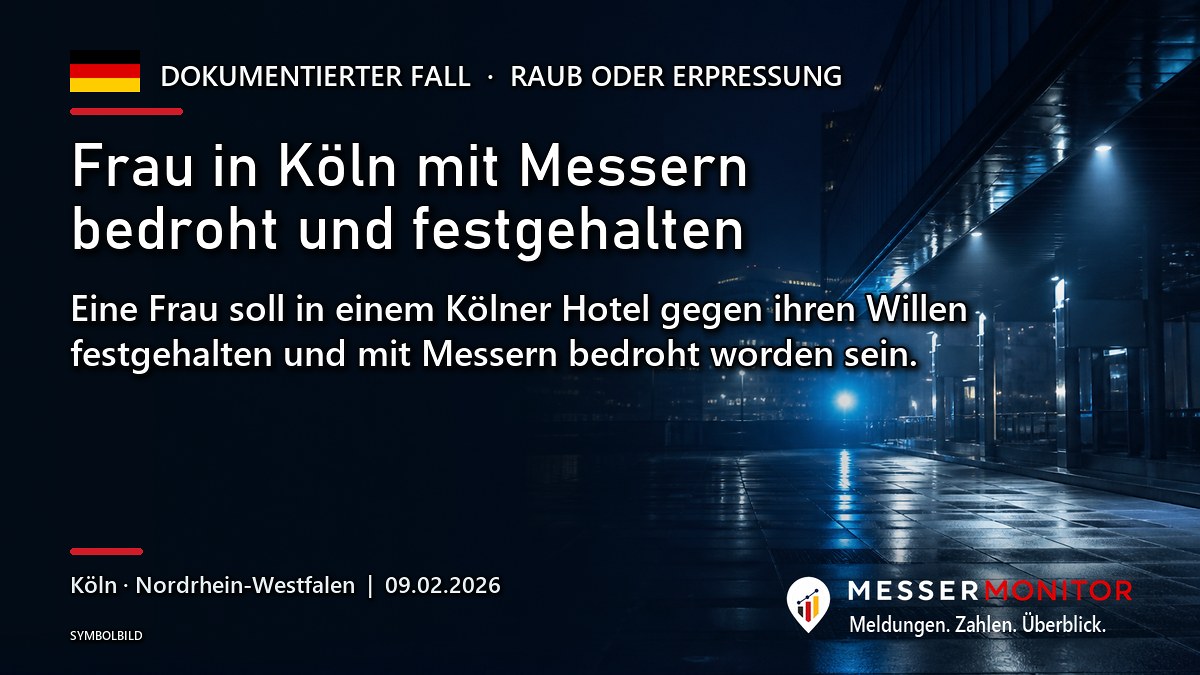 Titelgrafik: Frau in Köln mit Messern bedroht und festgehalten. Eine Frau soll in einem Kölner Hotel gegen ihren Willen festgehalten und mit Messern bedroht worden sein..
