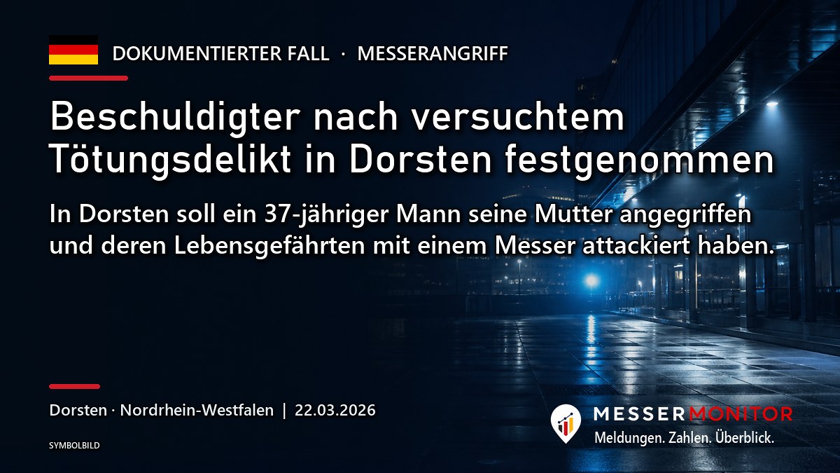 Titelgrafik: Beschuldigter nach versuchtem Tötungsdelikt in Dorsten festgenommen. In Dorsten soll ein 37-jähriger Mann seine Mutter angegriffen und deren Lebensgefährten mit einem Messer attackiert haben..