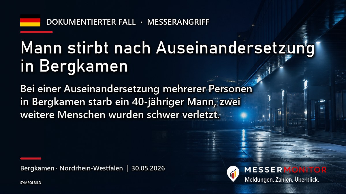 Titelgrafik: Mann stirbt nach Auseinandersetzung in Bergkamen. Bei einer Auseinandersetzung mehrerer Personen in Bergkamen starb ein 40-jähriger Mann, zwei weitere Menschen wurden schwer verletzt..