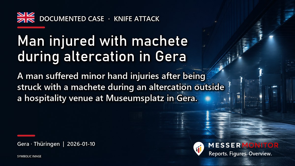 Title image: Man injured with machete during altercation in Gera. A man suffered minor hand injuries after being struck with a machete during an altercation outside a hospitality venue at Museumsplatz in Gera..