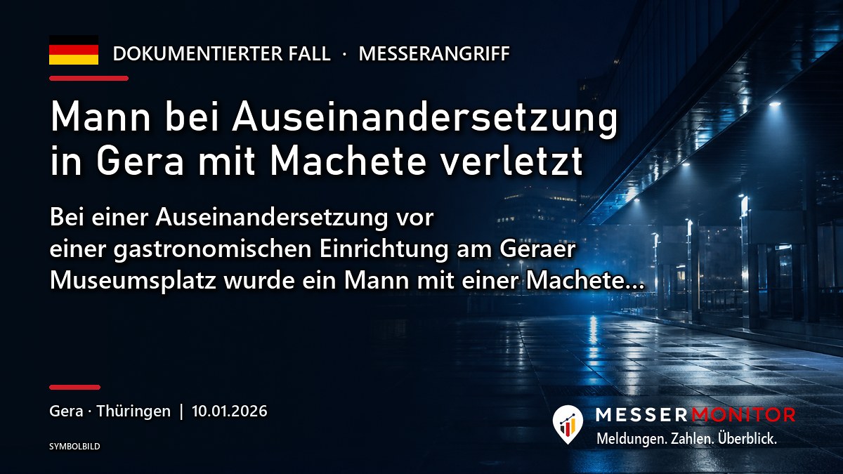 Titelgrafik: Mann bei Auseinandersetzung in Gera mit Machete verletzt. Bei einer Auseinandersetzung vor einer gastronomischen Einrichtung am Geraer Museumsplatz wurde ein Mann mit einer Machete….