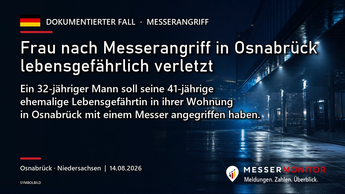 Titelgrafik: Frau nach Messerangriff in Osnabrück lebensgefährlich verletzt. Ein 32-jähriger Mann soll seine 41-jährige ehemalige Lebensgefährtin in ihrer Wohnung in Osnabrück mit einem Messer angegriffen haben..