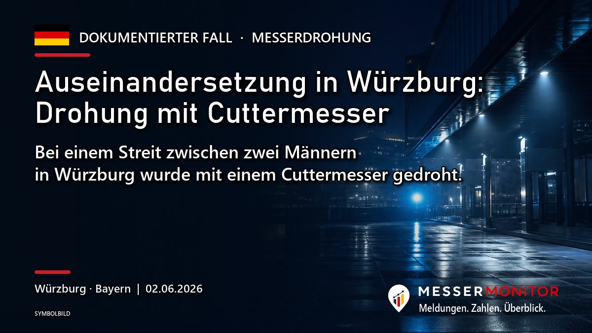 Titelgrafik: Auseinandersetzung in Würzburg: Drohung mit Cuttermesser. Bei einem Streit zwischen zwei Männern in Würzburg wurde mit einem Cuttermesser gedroht..