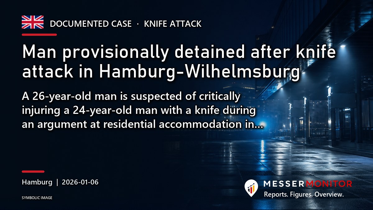 Title image: Man provisionally detained after knife attack in Hamburg-Wilhelmsburg. A 26-year-old man is suspected of critically injuring a 24-year-old man with a knife during an argument at residential accommodation in….