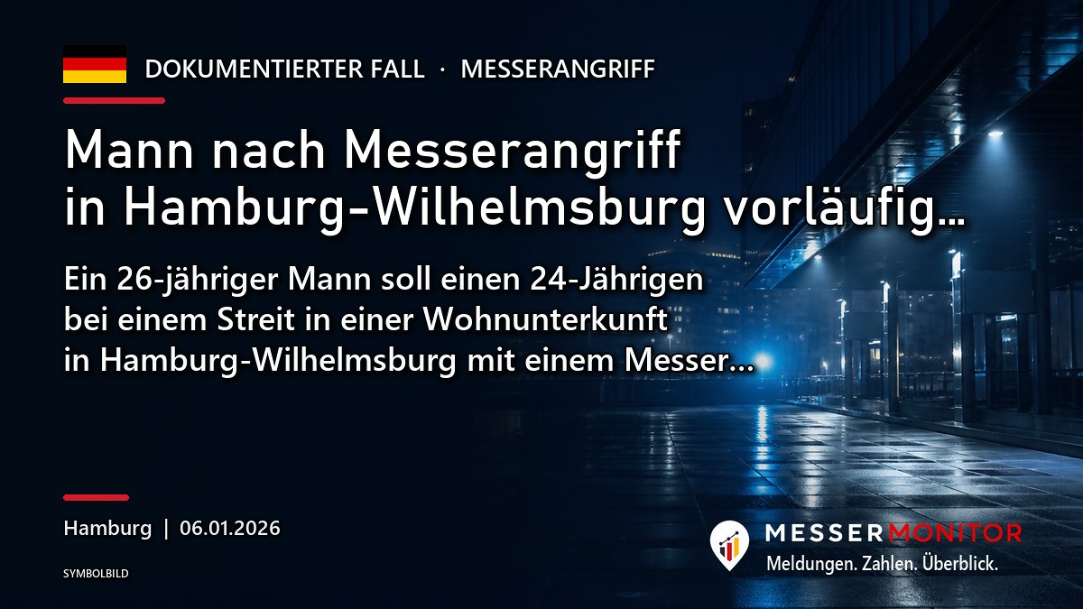 Titelgrafik: Mann nach Messerangriff in Hamburg-Wilhelmsburg vorläufig…. Ein 26-jähriger Mann soll einen 24-Jährigen bei einem Streit in einer Wohnunterkunft in Hamburg-Wilhelmsburg mit einem Messer….