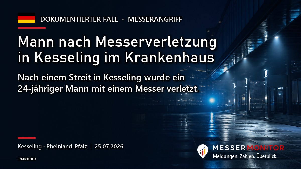 Titelgrafik: Mann nach Messerverletzung in Kesseling im Krankenhaus. Nach einem Streit in Kesseling wurde ein 24-jähriger Mann mit einem Messer verletzt..