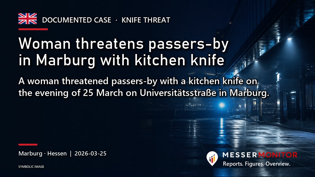 Title image: Woman threatens passers-by in Marburg with kitchen knife. A woman threatened passers-by with a kitchen knife on the evening of 25 March on Universitätsstraße in Marburg..