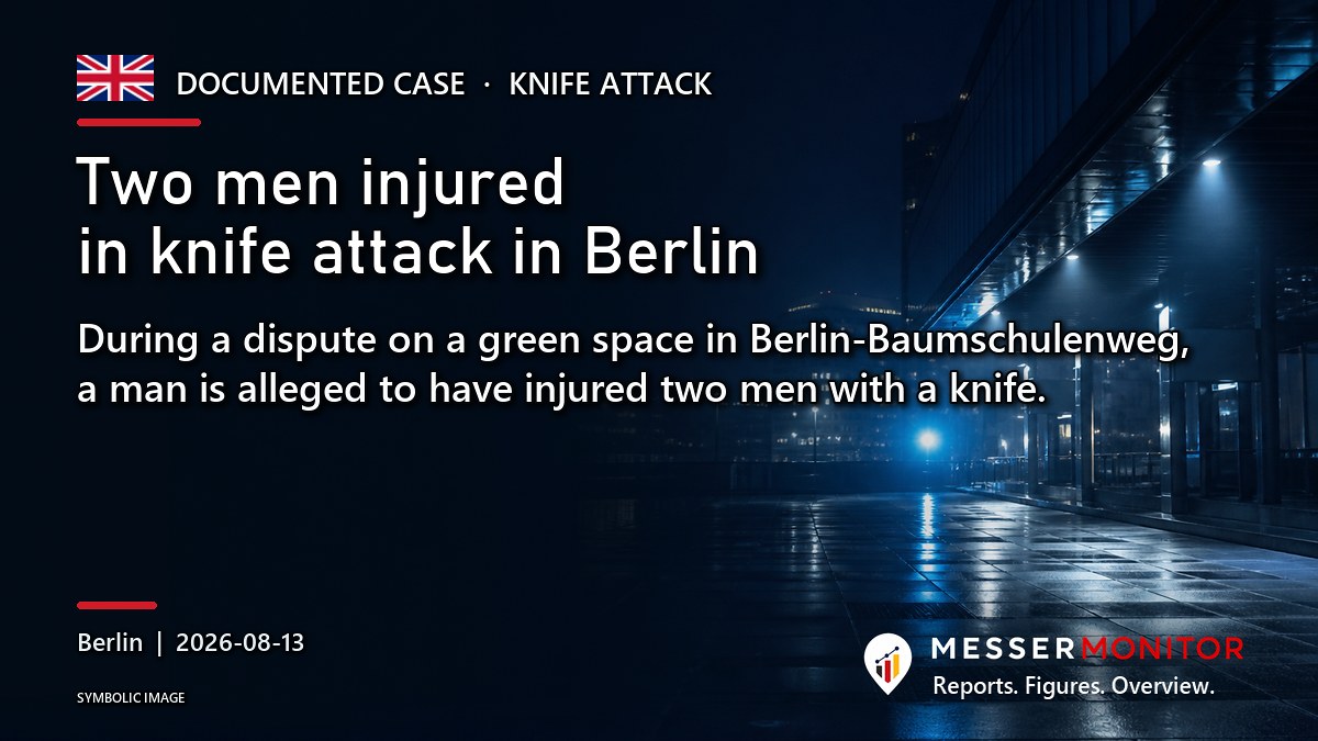 Title image: Two men injured in knife attack in Berlin. During a dispute on a green space in Berlin-Baumschulenweg, a man is alleged to have injured two men with a knife..