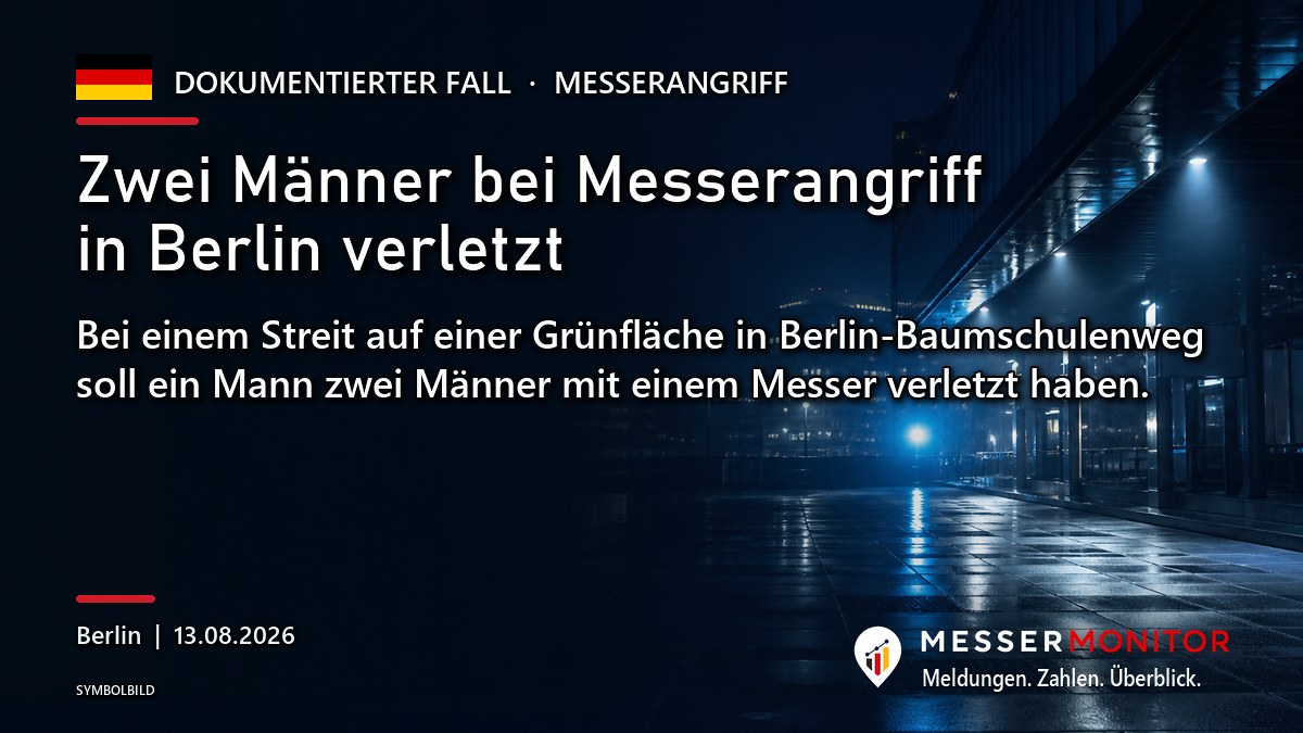 Titelgrafik: Zwei Männer bei Messerangriff in Berlin verletzt. Bei einem Streit auf einer Grünfläche in Berlin-Baumschulenweg soll ein Mann zwei Männer mit einem Messer verletzt haben..