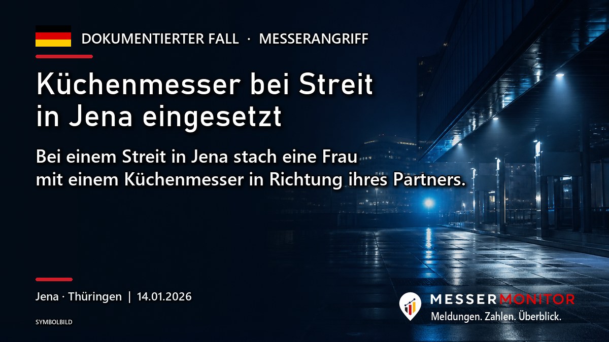 Titelgrafik: Küchenmesser bei Streit in Jena eingesetzt. Bei einem Streit in Jena stach eine Frau mit einem Küchenmesser in Richtung ihres Partners..