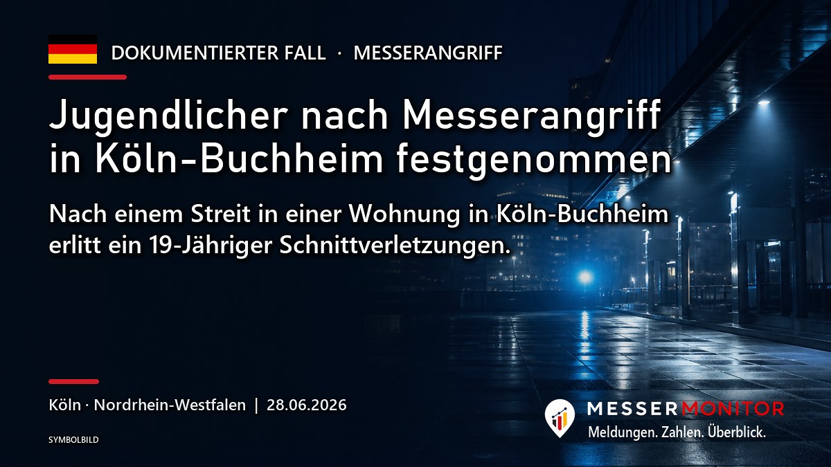 Titelgrafik: Jugendlicher nach Messerangriff in Köln-Buchheim festgenommen. Nach einem Streit in einer Wohnung in Köln-Buchheim erlitt ein 19-Jähriger Schnittverletzungen..