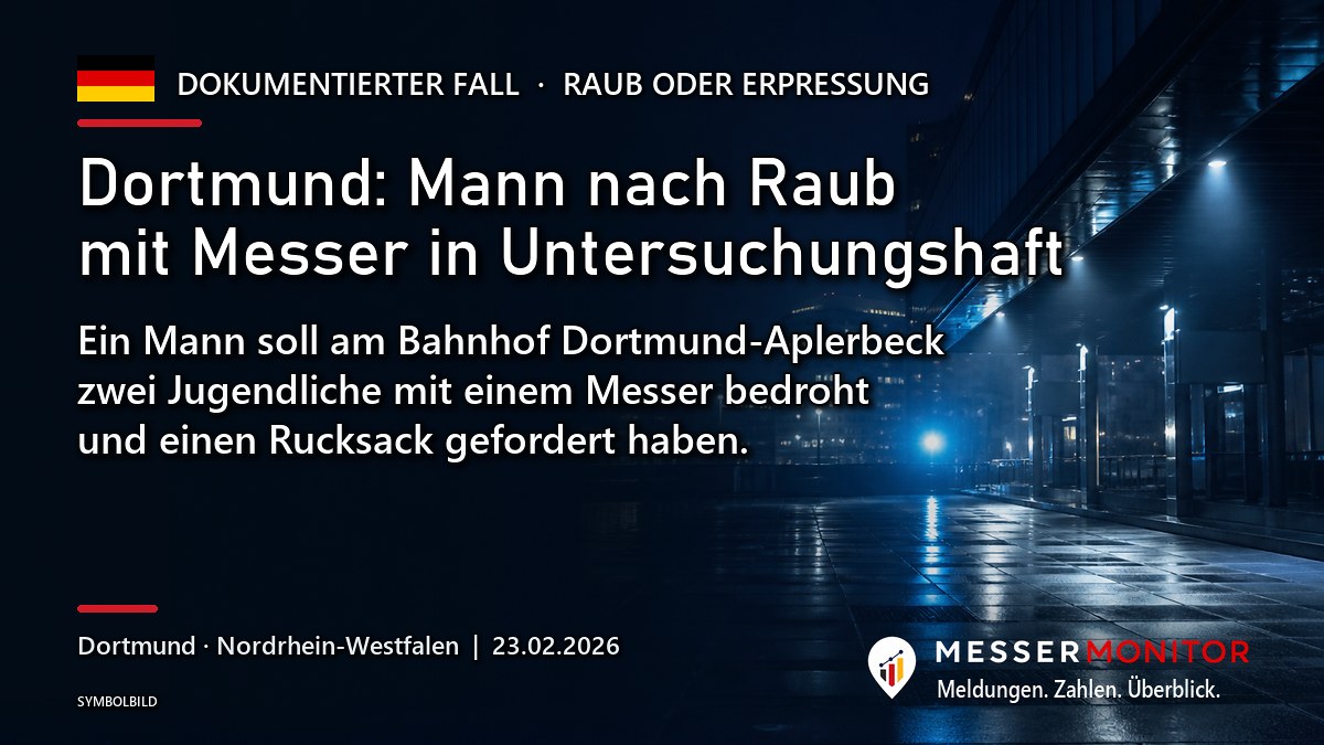 Titelgrafik: Dortmund: Mann nach Raub mit Messer in Untersuchungshaft. Ein Mann soll am Bahnhof Dortmund-Aplerbeck zwei Jugendliche mit einem Messer bedroht und einen Rucksack gefordert haben..