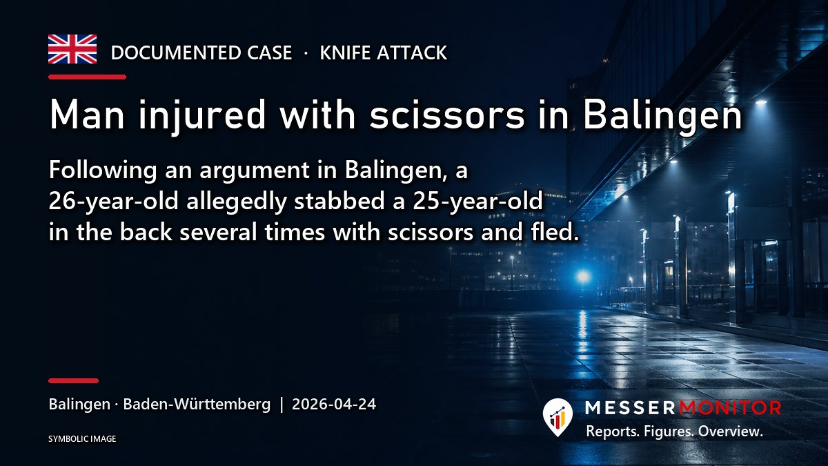 Title image: Man injured with scissors in Balingen. Following an argument in Balingen, a 26-year-old allegedly stabbed a 25-year-old in the back several times with scissors and fled..