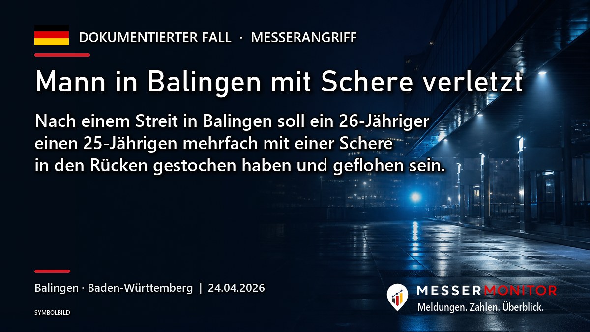 Titelgrafik: Mann in Balingen mit Schere verletzt. Nach einem Streit in Balingen soll ein 26-Jähriger einen 25-Jährigen mehrfach mit einer Schere in den Rücken gestochen haben und geflohen sein..