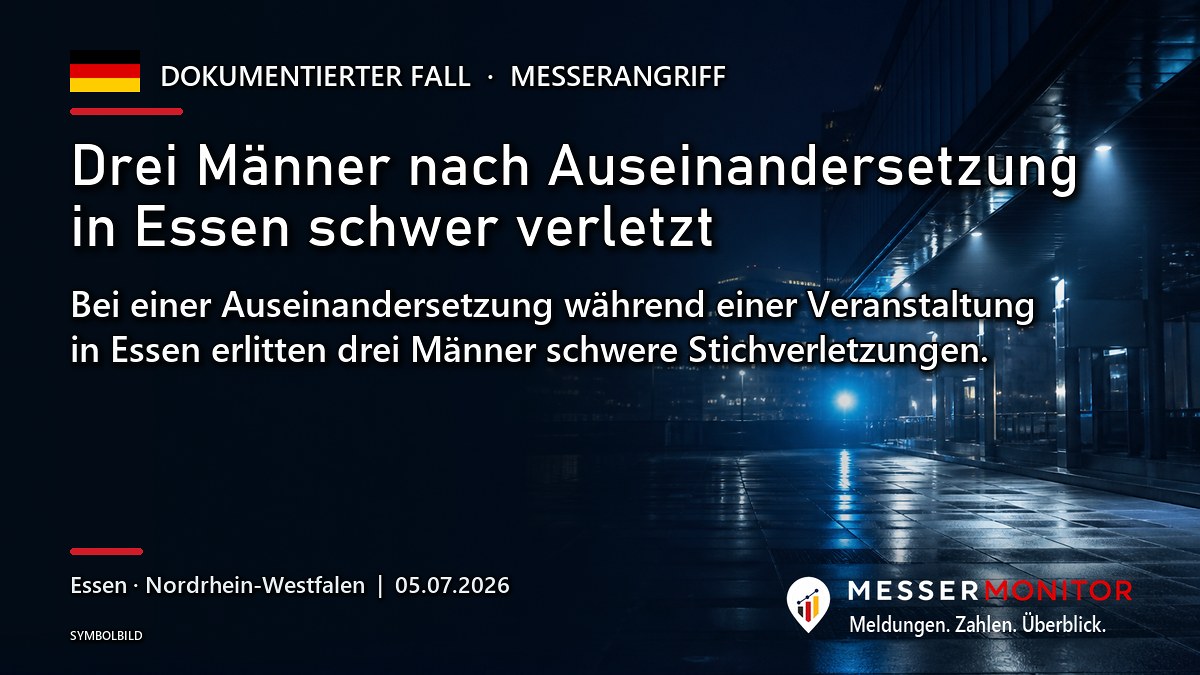 Titelgrafik: Drei Männer nach Auseinandersetzung in Essen schwer verletzt. Bei einer Auseinandersetzung während einer Veranstaltung in Essen erlitten drei Männer schwere Stichverletzungen..