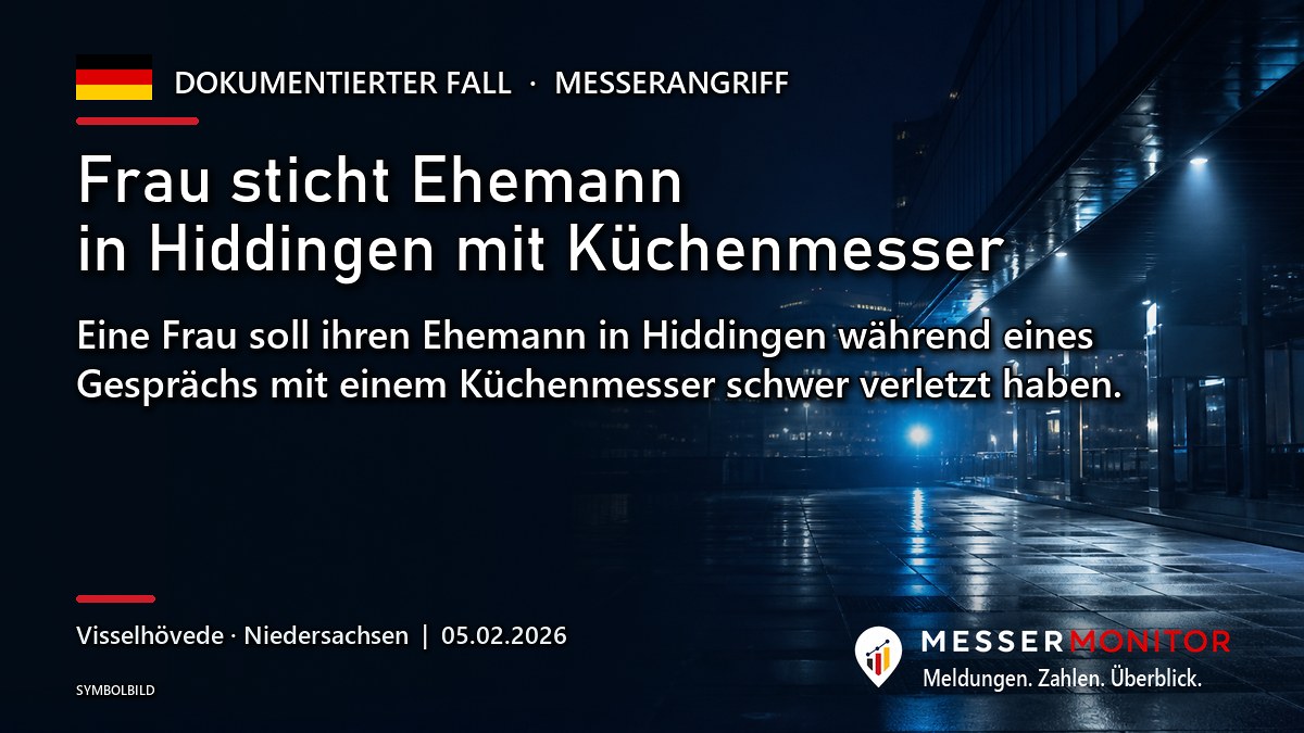 Titelgrafik: Frau sticht Ehemann in Hiddingen mit Küchenmesser. Eine Frau soll ihren Ehemann in Hiddingen während eines Gesprächs mit einem Küchenmesser schwer verletzt haben..