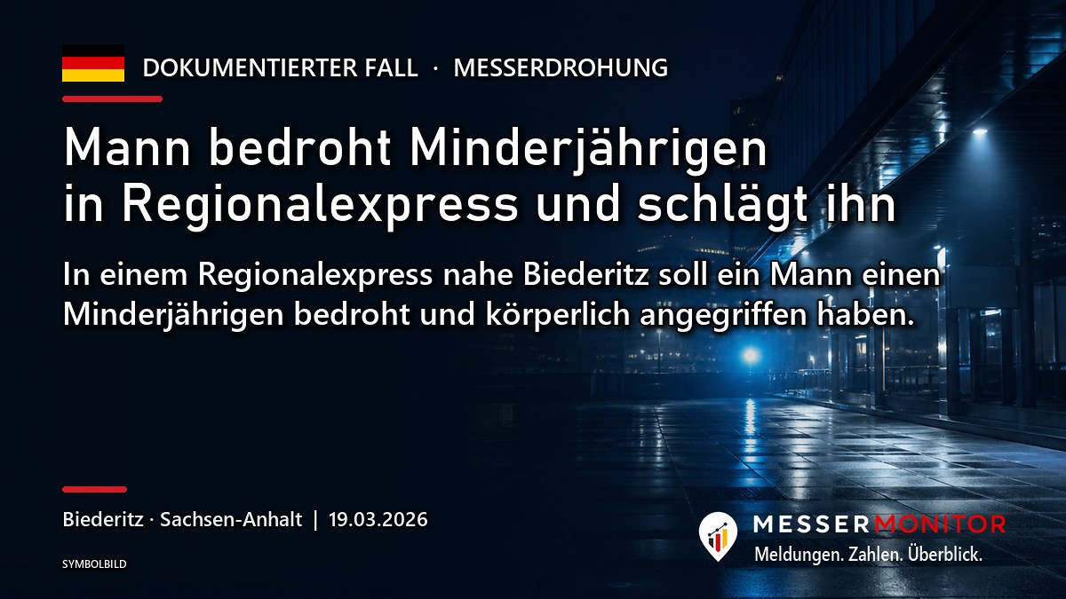 Titelgrafik: Mann bedroht Minderjährigen in Regionalexpress und schlägt ihn. In einem Regionalexpress nahe Biederitz soll ein Mann einen Minderjährigen bedroht und körperlich angegriffen haben..