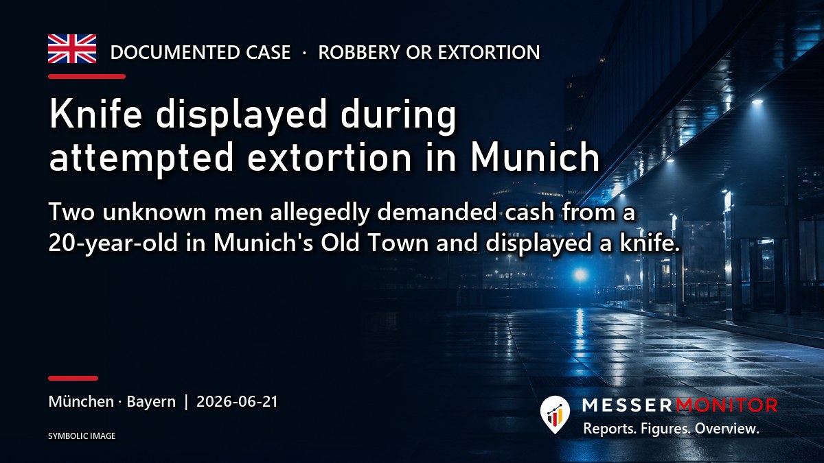 Title image: Knife displayed during attempted extortion in Munich. Two unknown men allegedly demanded cash from a 20-year-old in Munich's Old Town and displayed a knife..