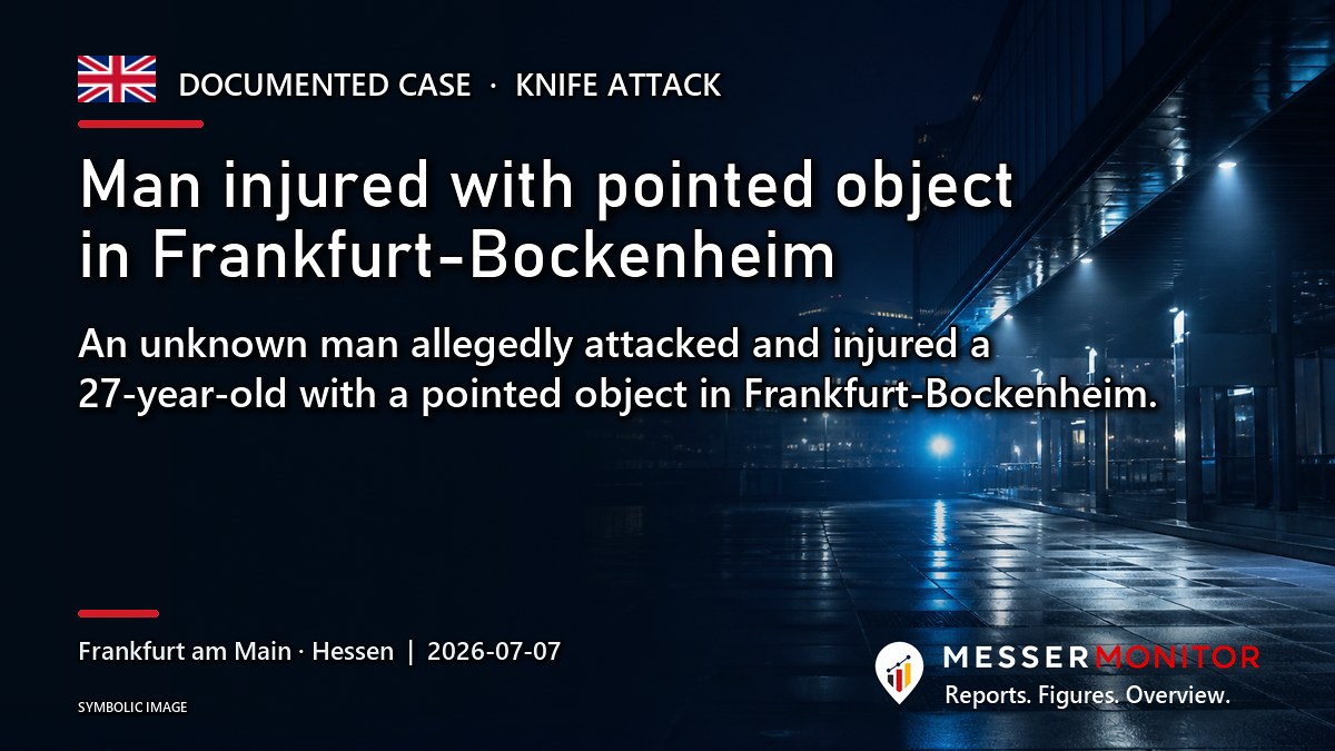 Title image: Man injured with pointed object in Frankfurt-Bockenheim. An unknown man allegedly attacked and injured a 27-year-old with a pointed object in Frankfurt-Bockenheim..