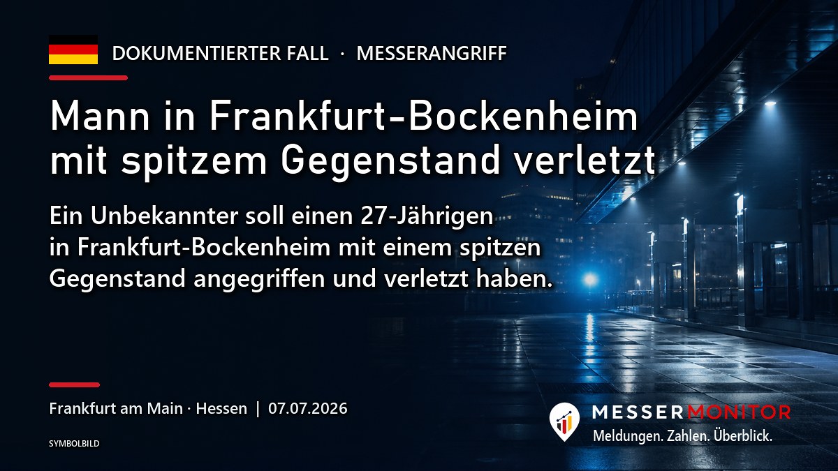Titelgrafik: Mann in Frankfurt-Bockenheim mit spitzem Gegenstand verletzt. Ein Unbekannter soll einen 27-Jährigen in Frankfurt-Bockenheim mit einem spitzen Gegenstand angegriffen und verletzt haben..