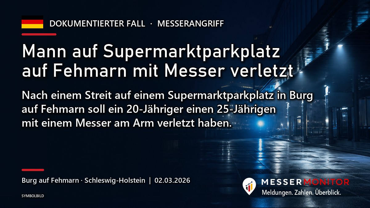 Titelgrafik: Mann auf Supermarktparkplatz auf Fehmarn mit Messer verletzt. Nach einem Streit auf einem Supermarktparkplatz in Burg auf Fehmarn soll ein 20-Jähriger einen 25-Jährigen mit einem Messer am Arm verletzt haben..