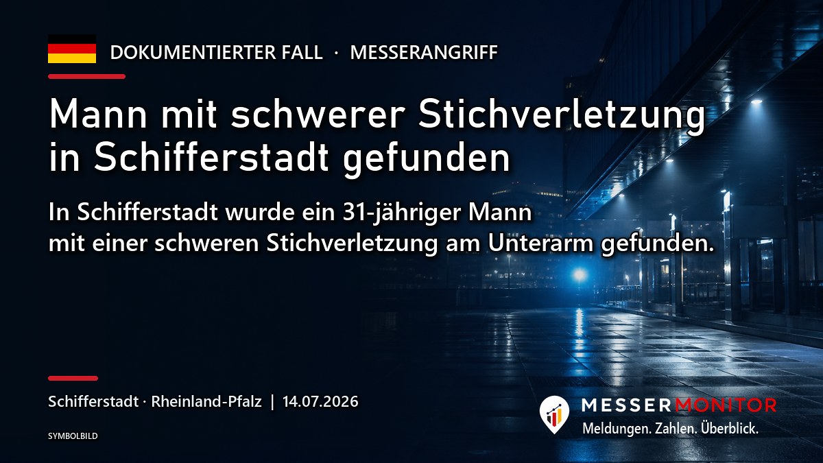 Titelgrafik: Mann mit schwerer Stichverletzung in Schifferstadt gefunden. In Schifferstadt wurde ein 31-jähriger Mann mit einer schweren Stichverletzung am Unterarm gefunden..