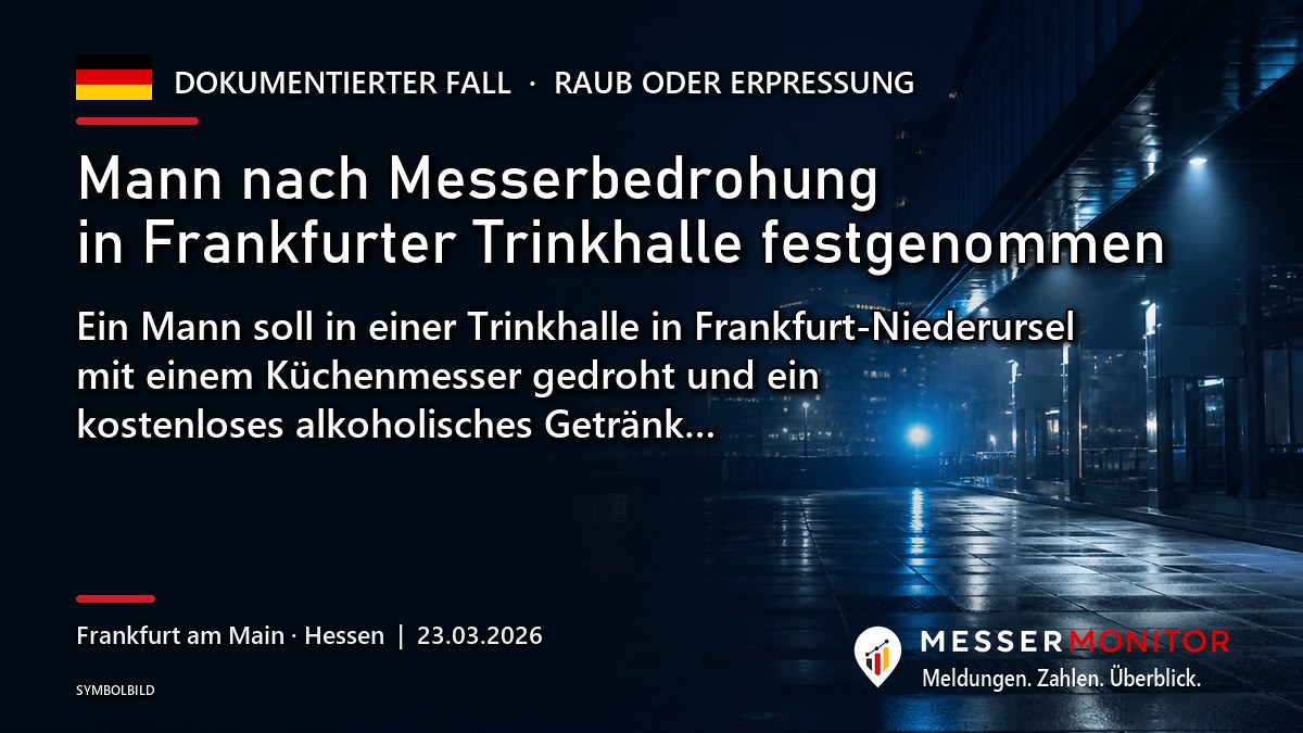 Titelgrafik: Mann nach Messerbedrohung in Frankfurter Trinkhalle festgenommen. Ein Mann soll in einer Trinkhalle in Frankfurt-Niederursel mit einem Küchenmesser gedroht und ein kostenloses alkoholisches Getränk….